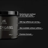 Black Label Pre-Workout XXL Nutrition en formato 390 g con versión disponible con cafeína y sin cafeína
