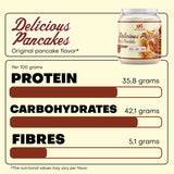 Información nutricional de Delicious Pancakes XXL Nutrition sabor original pancake con proteína, carbohidratos y fibra por 100 g