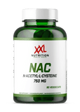 NAC N-Acetyl-L-Cysteine XXL Nutrition 750 mg con 90 veggiecaps en bote verde sobre fondo transparente