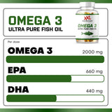 Información de Omega 3 Ultra Pure Fish Oil XXL Nutrition por dosis con omega 3, EPA y DHA