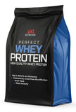 Perfect Whey Protein XXL Nutrition en bolsa negra y azul, proteína whey en polvo de alta calidad con BCAA y glutamina
