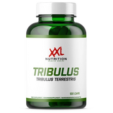 Tribulus Terrestris XXL Nutrition con 120 cápsulas en bote verde sobre fondo transparente