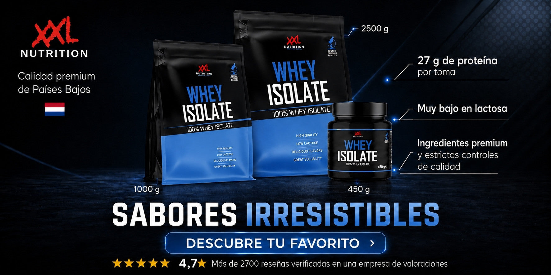 Whey Isolate XXL Nutrition en formatos 450 g, 1000 g y 2500 g con 27 g de proteína por toma, muy bajo en lactosa y sabores disponibles